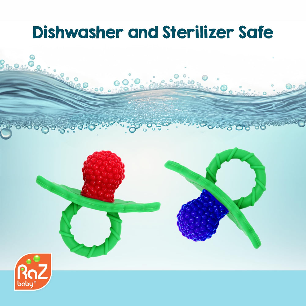 RaZbaby RaZberry teether is dishwasher-safe for easy cleaning.