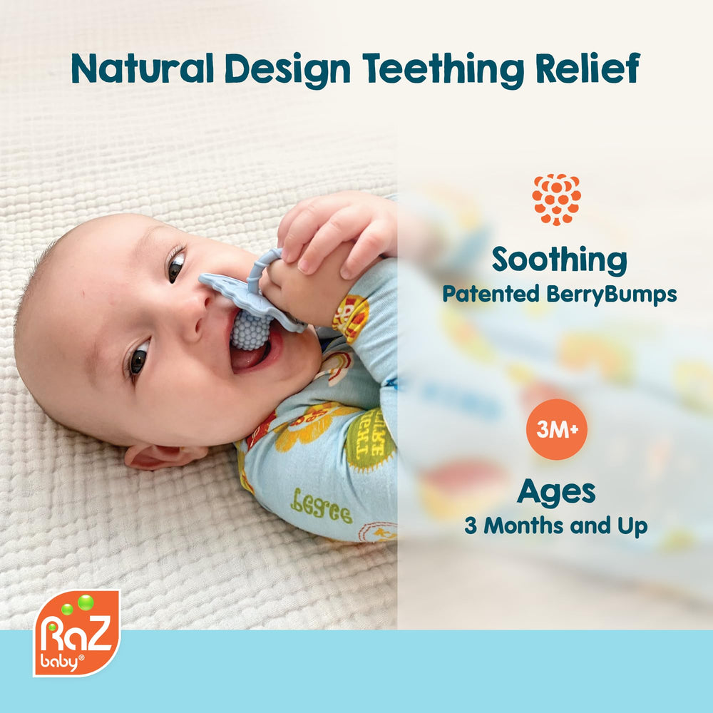 RaZberry teether freezable cooling provides comforting relief during teething.