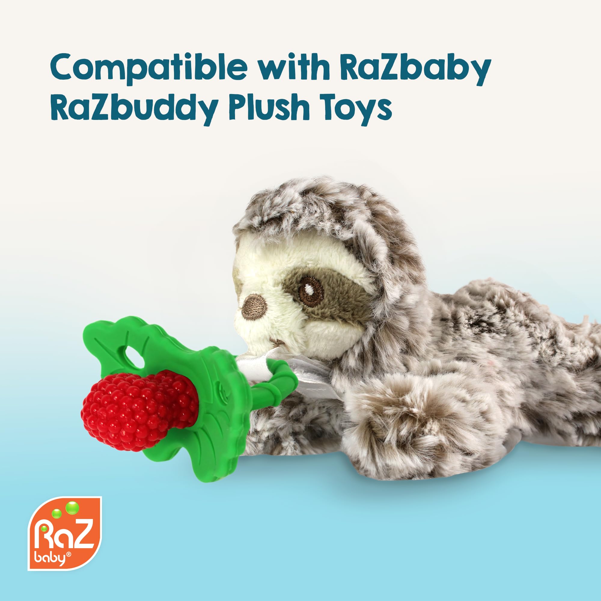 RaZberry teether's hands-free design supports on-the-go soothing.