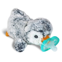 RaZbaby RaZbuddy JollyPop penguin plush close-up keeps pacifier within easy reach.