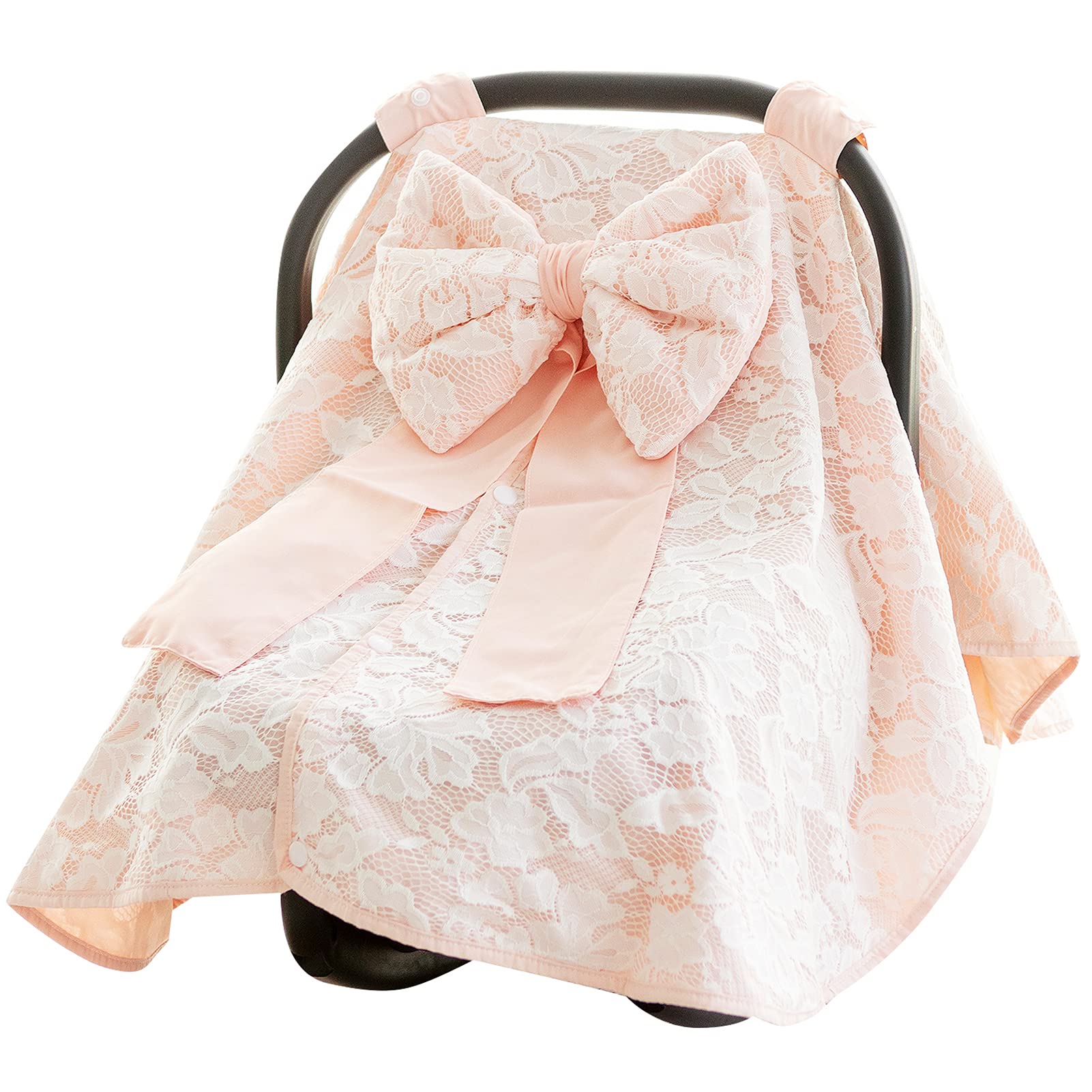 Razee baby carseat canopy cover bow closeup shows soft cotton, privacy, and gentle shade.
