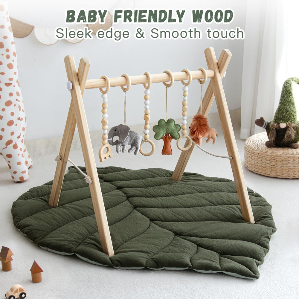 Razee wooden baby gym frame shows tool-free setup for quick play.