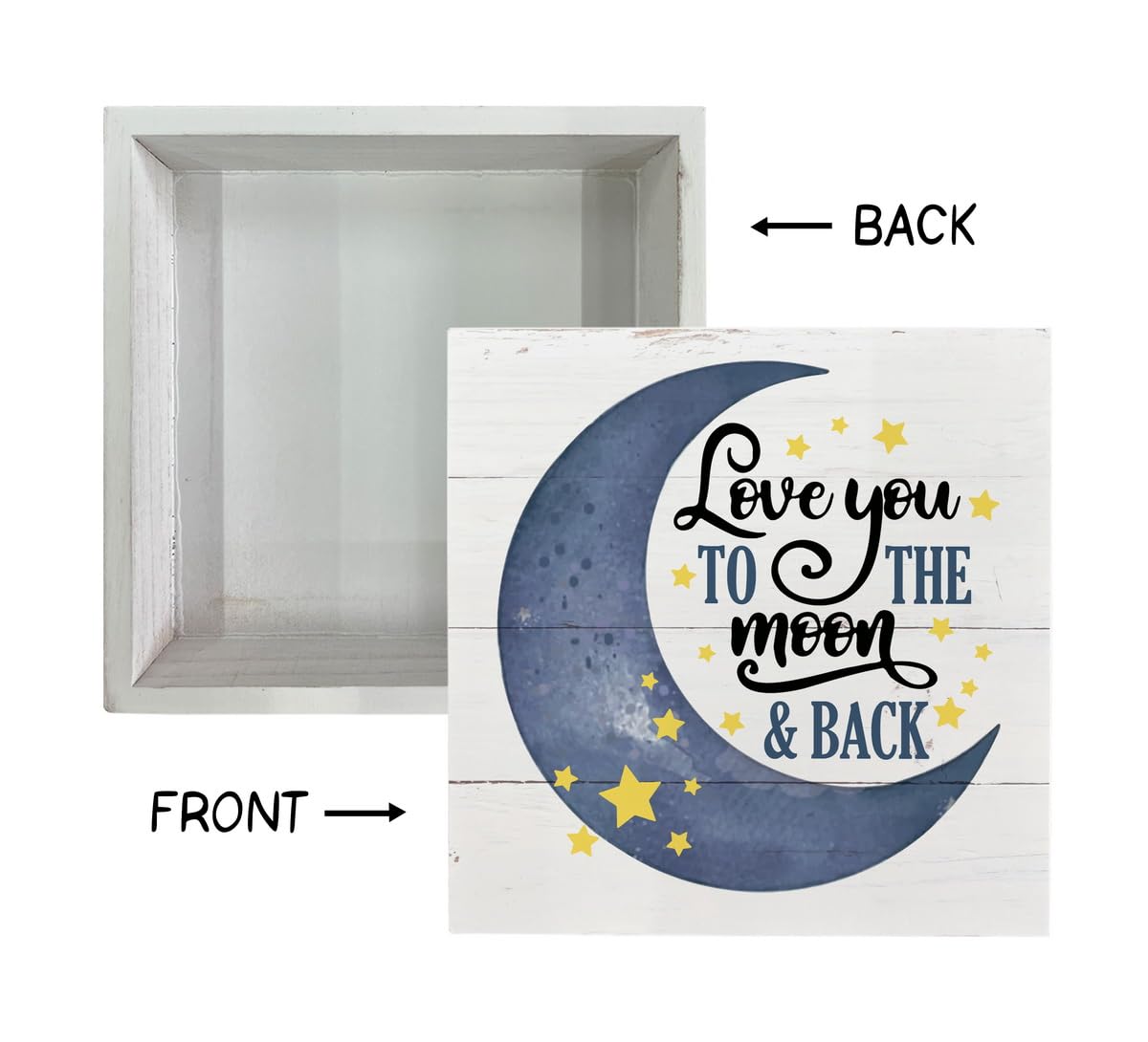  Razpah Love You to the Moon rustic box sign displayed on a shelf for warmth.
