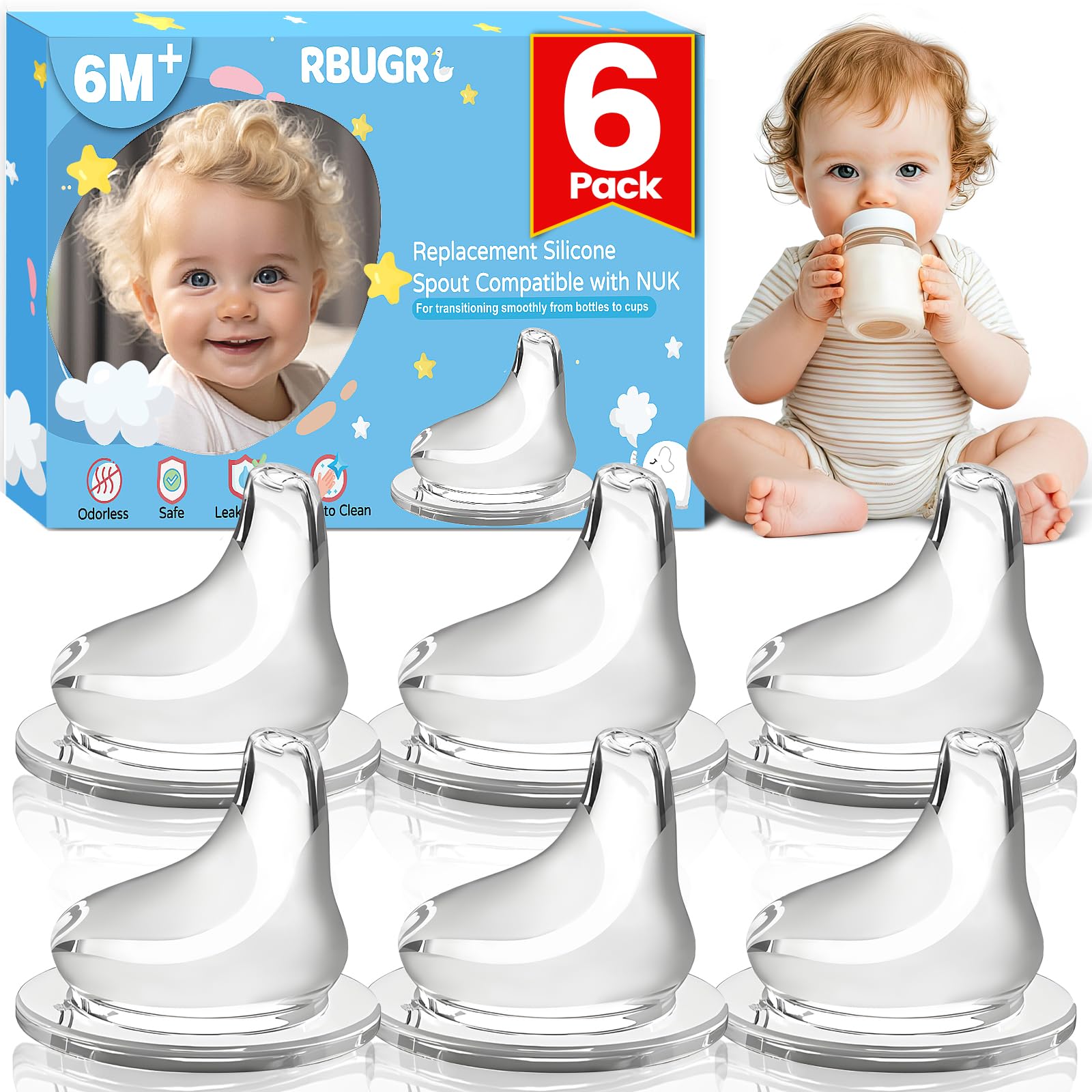 RBUGR 6-pack silicone spouts front view for NUK cups