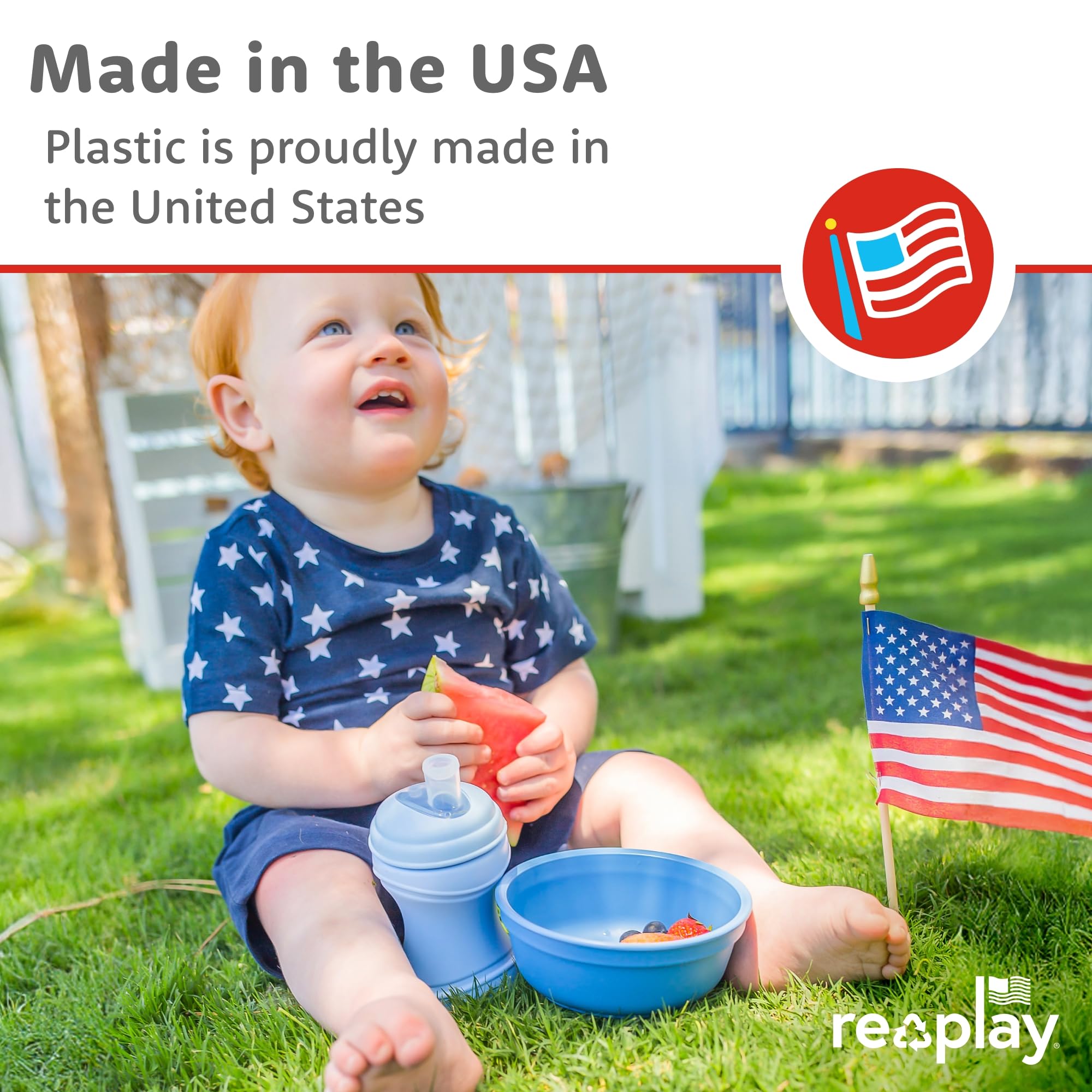 Re-Play 12oz toddler bowls made in USA from recycled milk jugs.