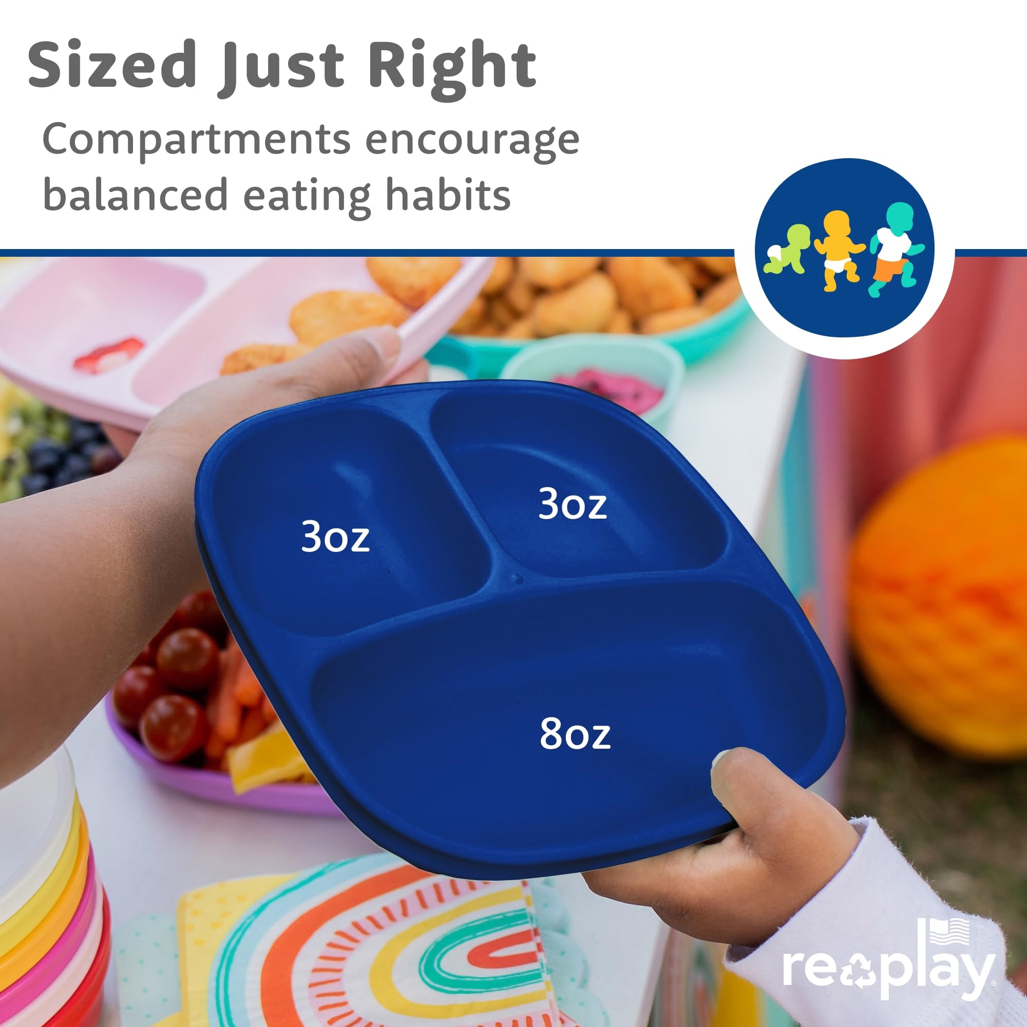 Re-Play blue plastic toddler plates highlighting durability for daily use