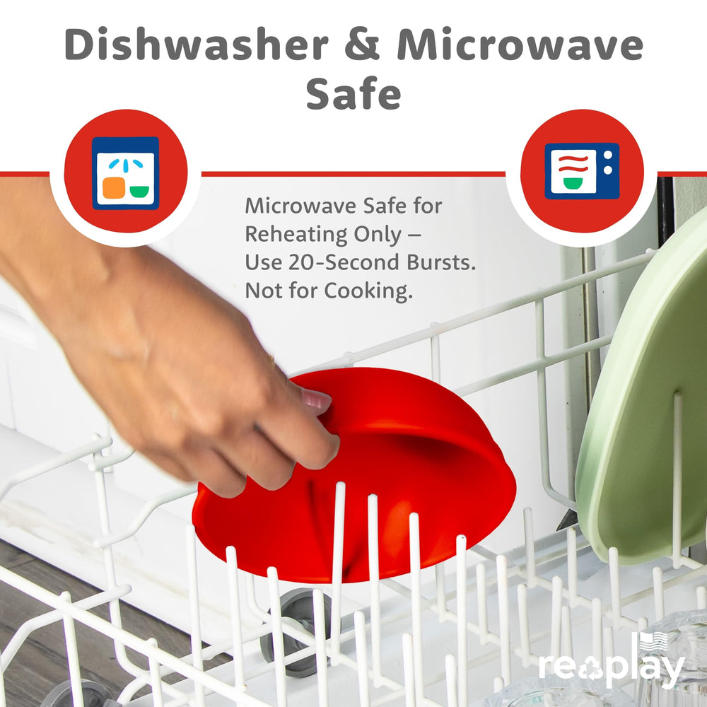 Re-Play dishwasher-safe red dinnerware ready for quick cleanup.
