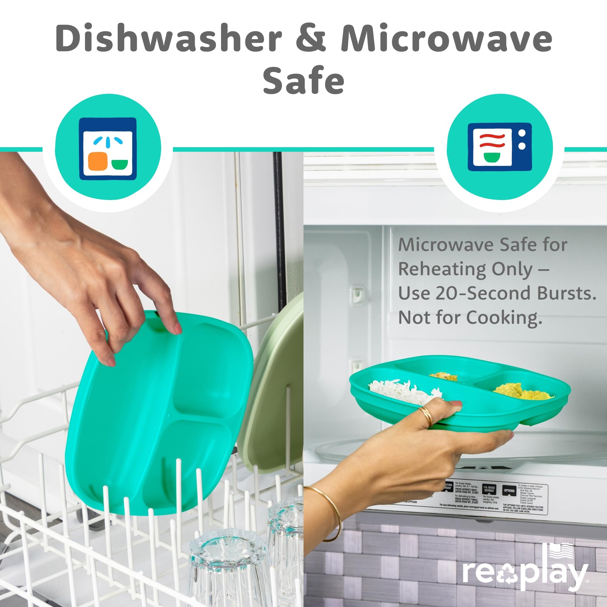 Re-Play kid-friendly dishes showing compact storage and stackability