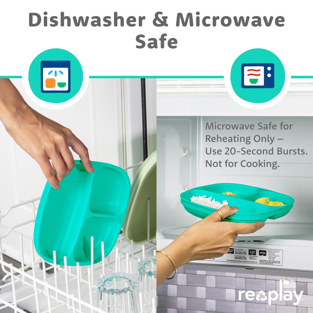 Re-Play kid-friendly dishes showing compact storage and stackability