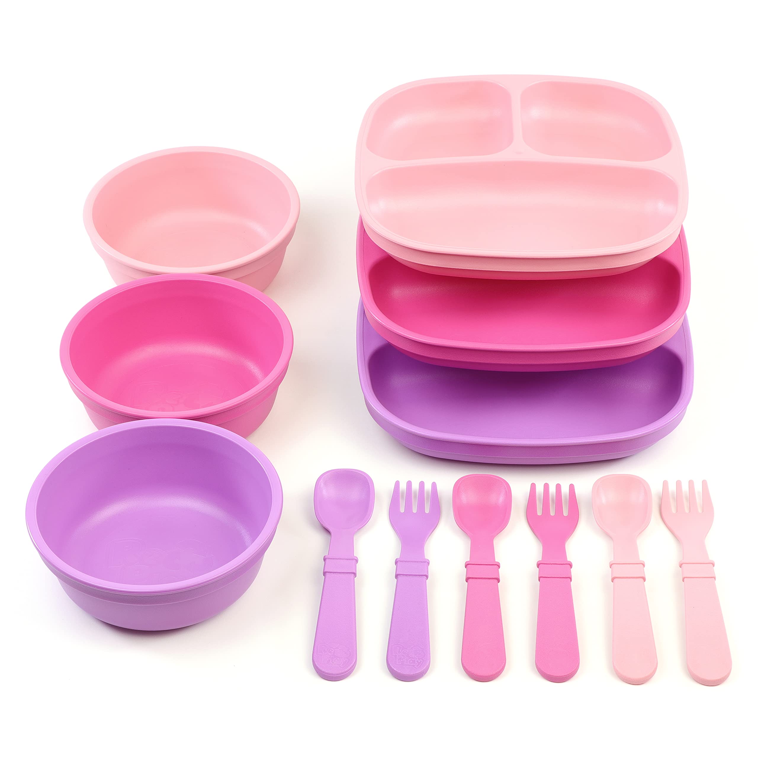 Re-Play Princess divided plates in purple and pink for easy toddler meals.