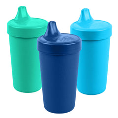 Re-Play spill-proof sippy cups blue set—three-pack, front view, ideal for independent drinking.