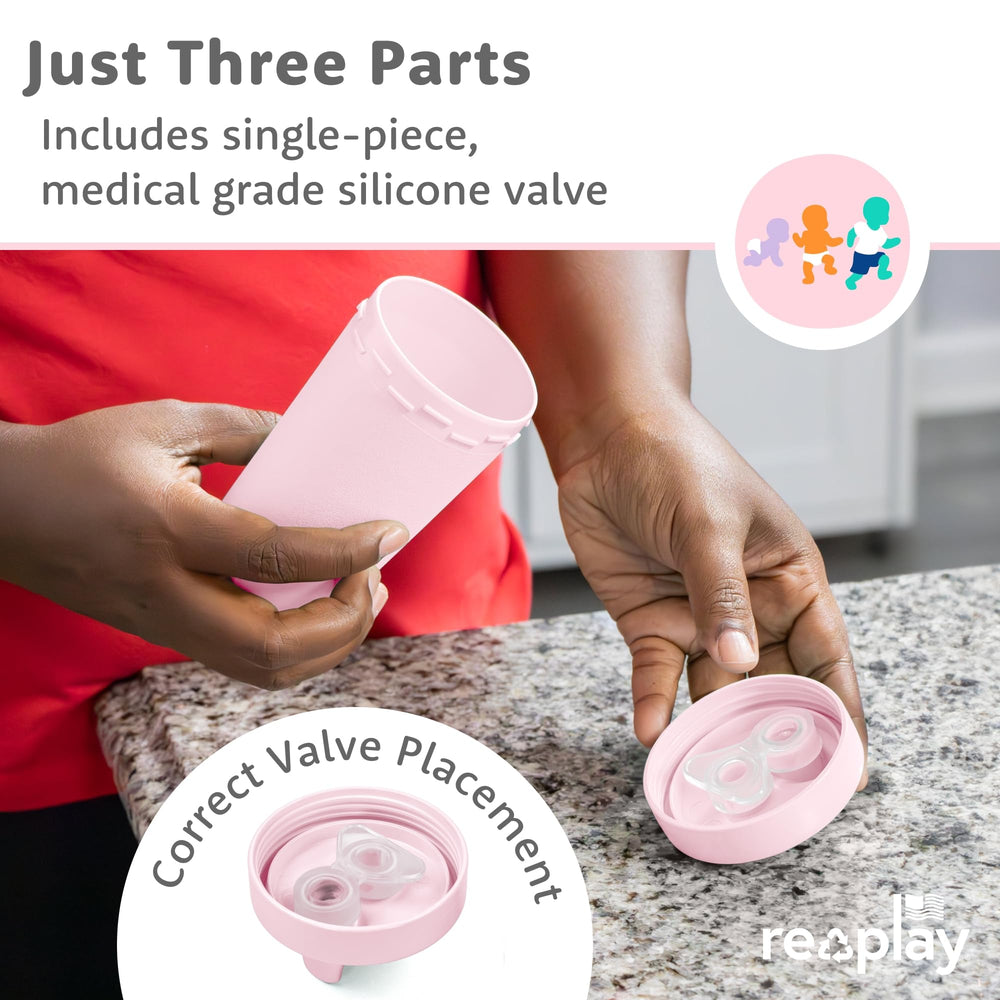 Re-Play spill-proof sippy cups made from recycled milk jug material for eco-conscious use