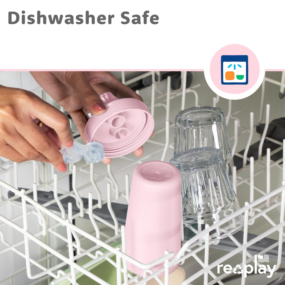 Re-Play 10-oz cups shown with toddler-friendly grip for confident sipping.