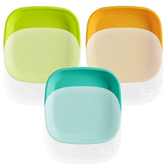 Re-Play toddler plates aqua assorted closeup shows colorful set ideal for kid-friendly meals.