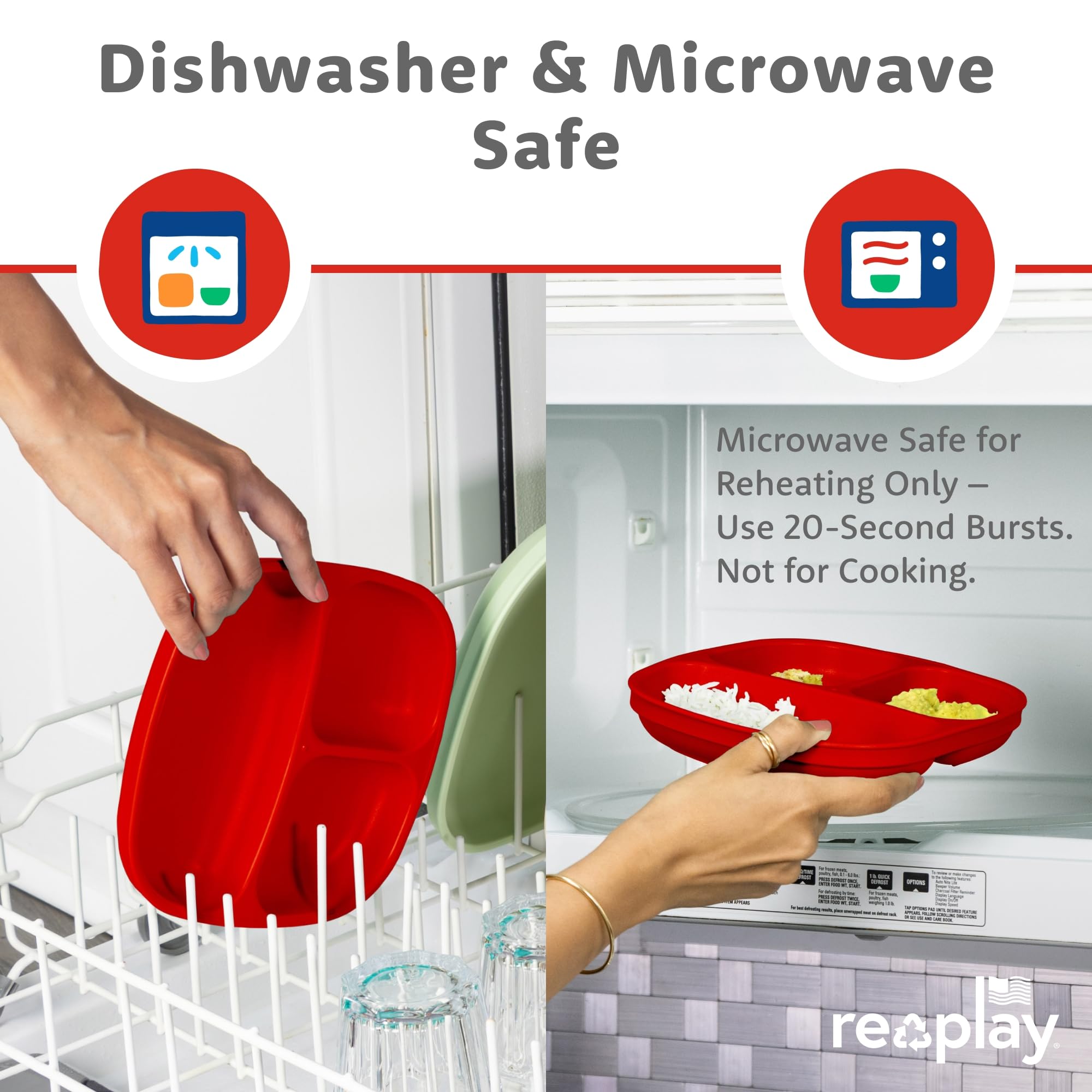 Re-Play toddler plates dividers color variety enhances mealtime appeal.