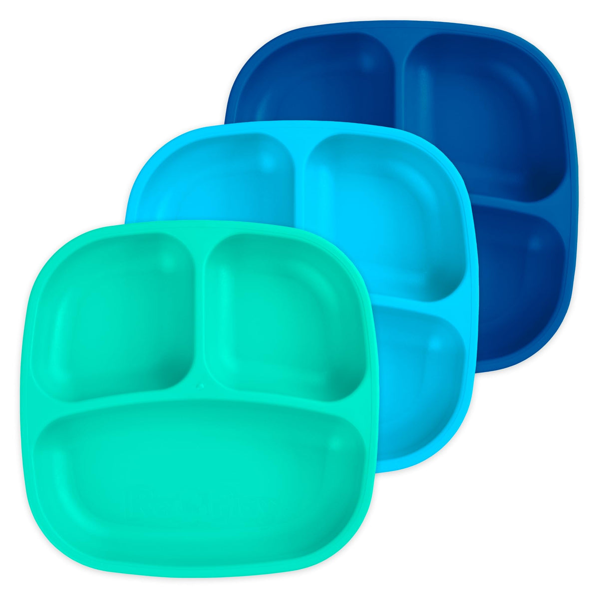 Re-Play Toddler Plates with Dividers in blue, deep-walled compartments for controlled portions