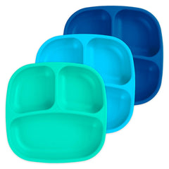 Re-Play Toddler Plates with Dividers in blue, deep-walled compartments for controlled portions