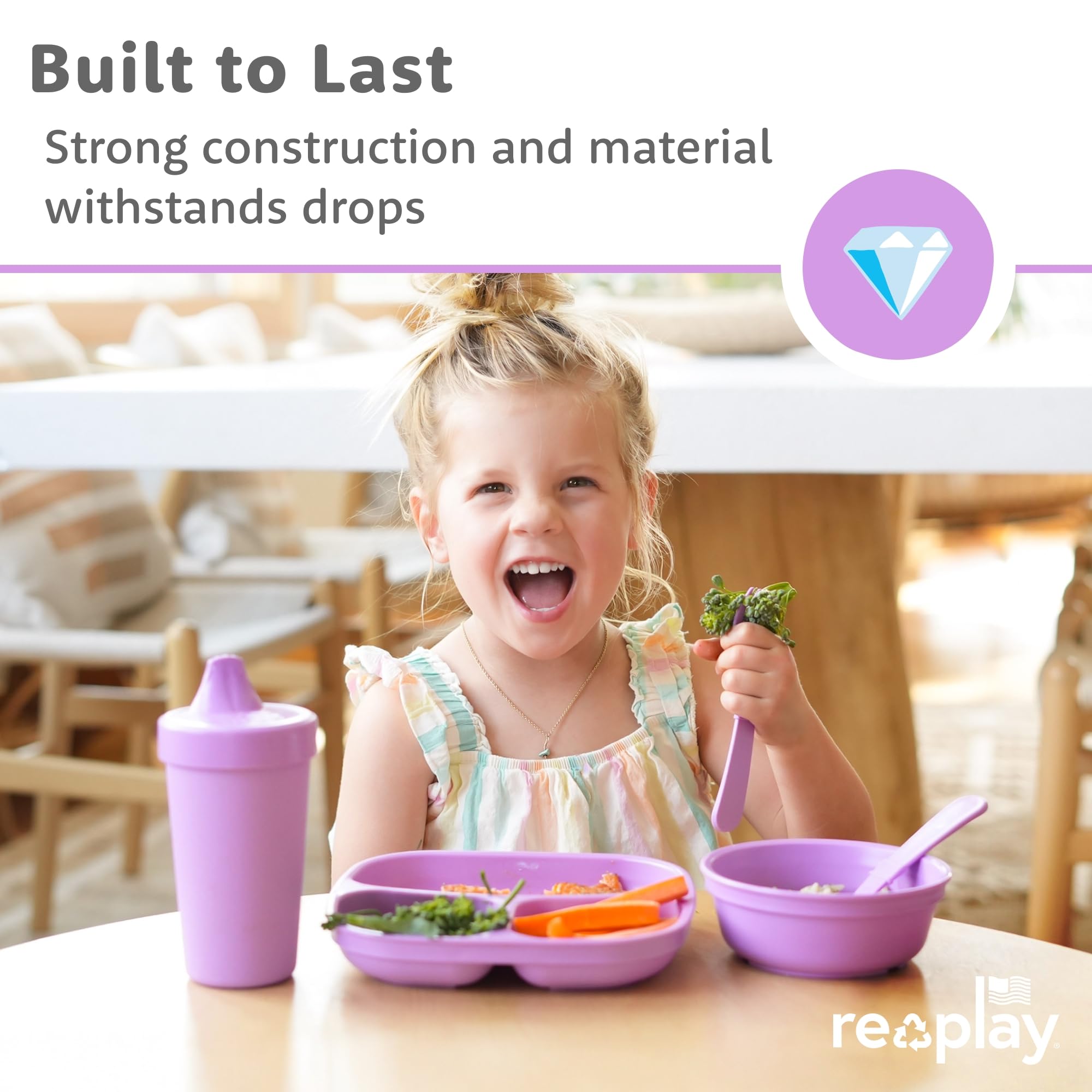 Re-Play toddler plates dishwasher-safe and microwave-safe for convenience.