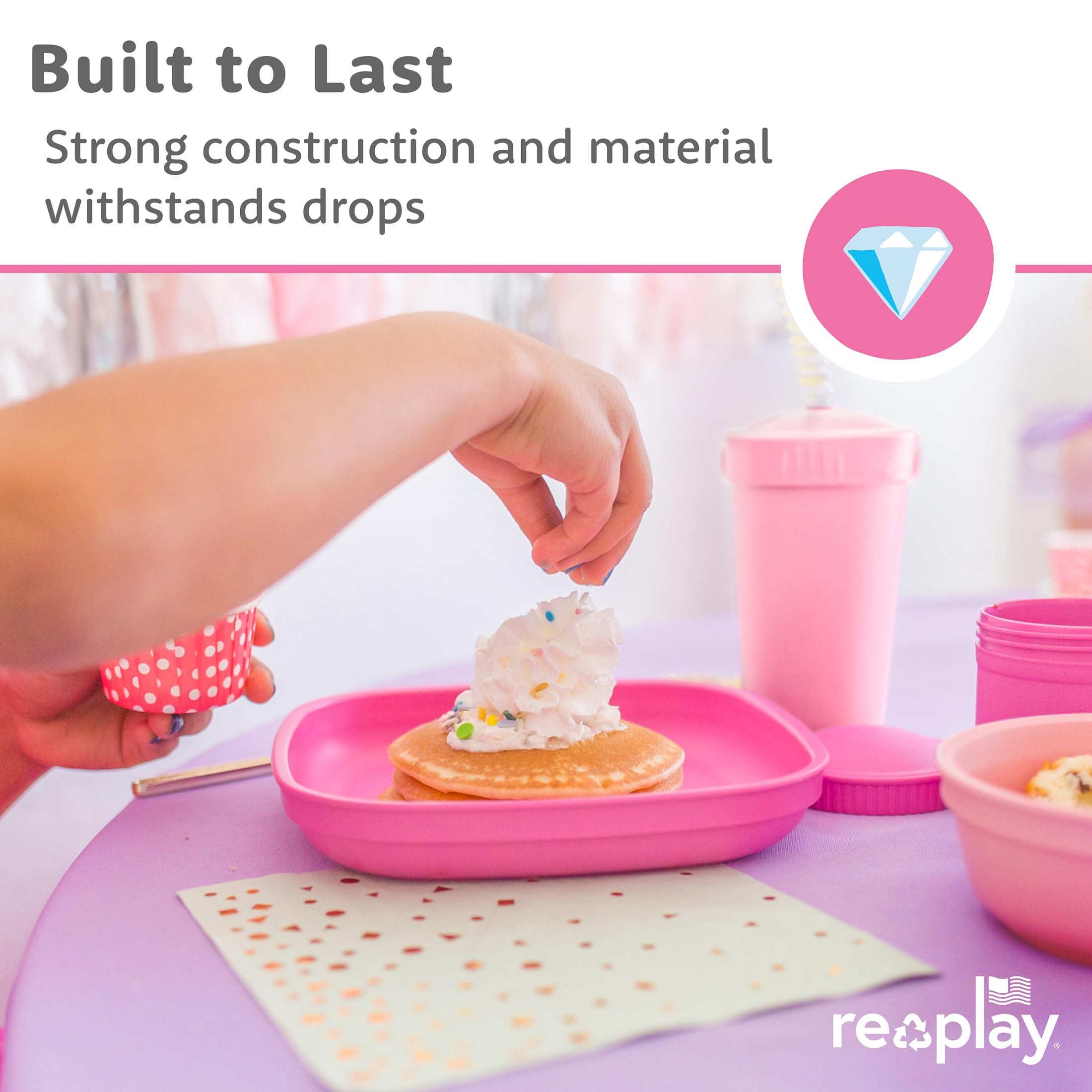 Re-Play durable plastic plate with thick texture built for daily toddler use.