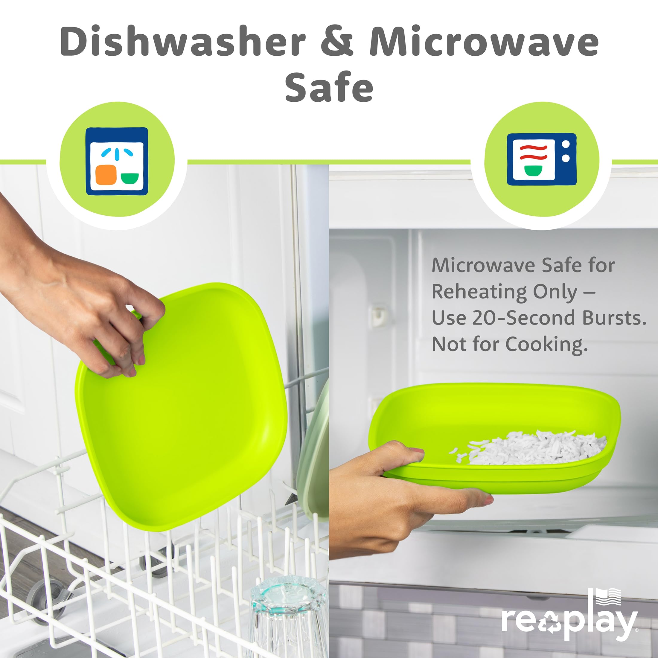 Re-Play flat plate on table showcasing generous portion surface for kids.