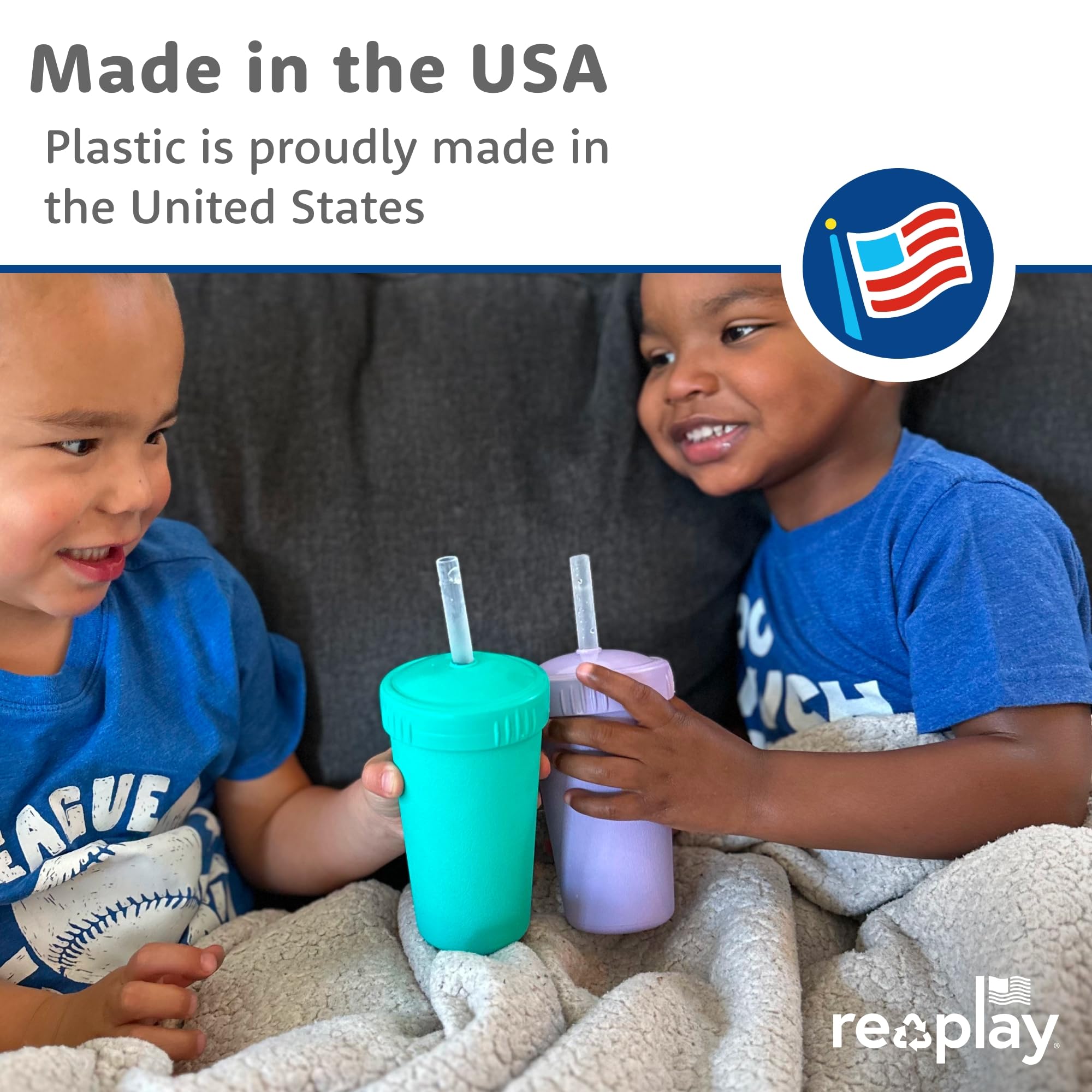 Re-Play Made-in-USA label visible, highlighting durable, family-friendly craftsmanship.