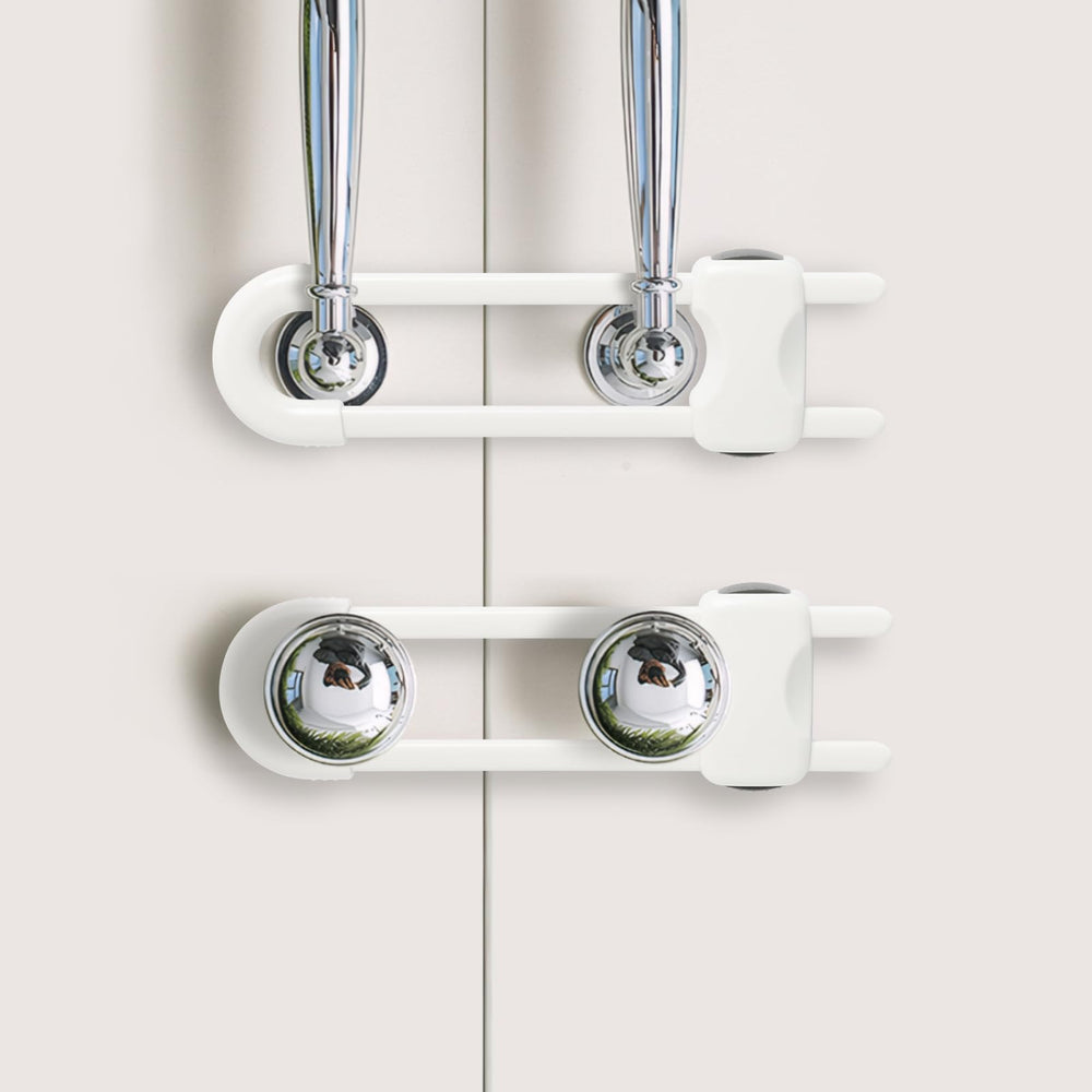 Reaeon baby-proofing cabinet locks, white U-shaped pack-2, keeps curious toddlers safe during kitchen prep.