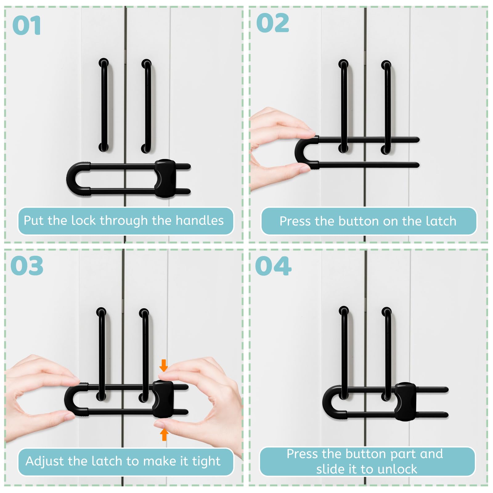 Reaeon cabinet locks installed on kitchen cabinet demonstrate tool-free setup