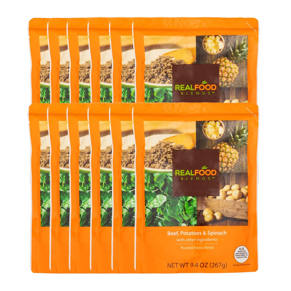 Real Food Blends beef-potatoes-spinach puree bowl highlights real-food nutrition for tube feeding meals.