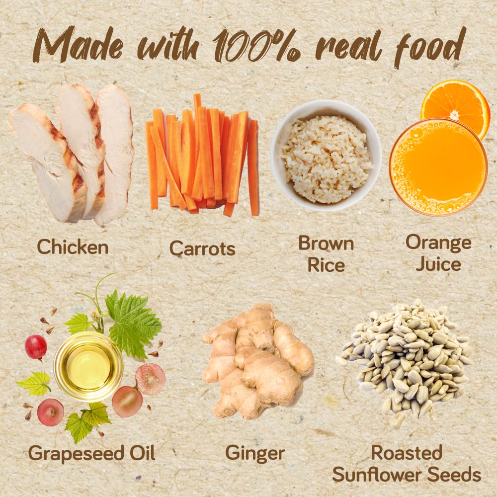 Real Food Blends ingredients like chicken, carrots, brown rice, orange juice highlight natural flavors.