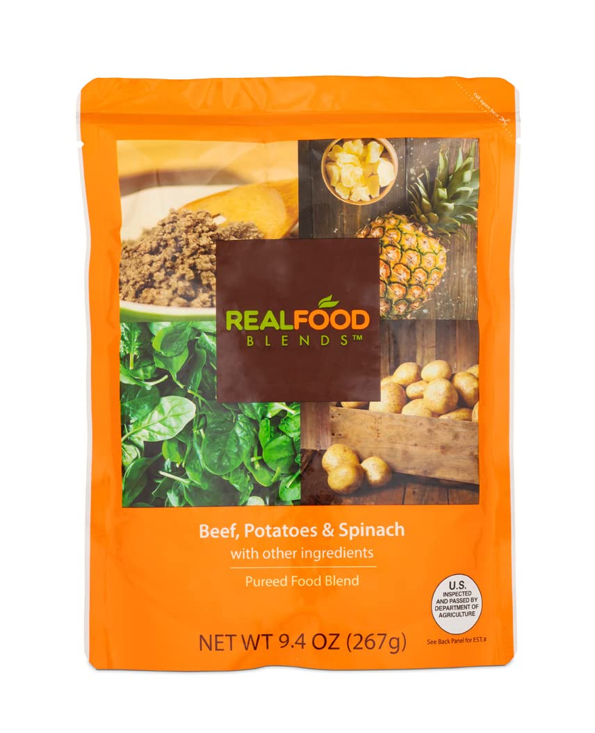 Real Food Blends ingredients—beef, potatoes, spinach, pineapple—present natural flavors for blended meals.
