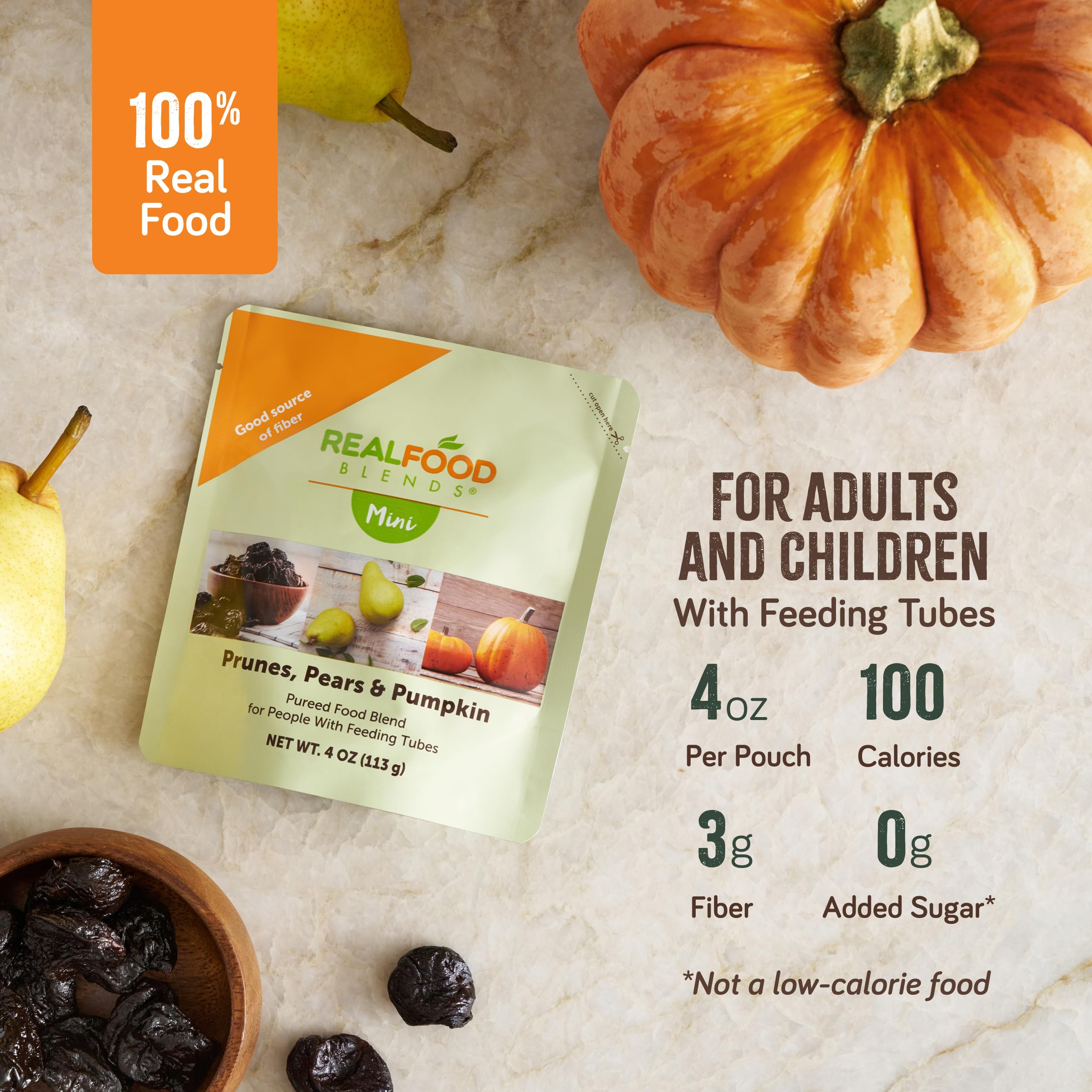 Real Food Blends Mini prunes-pear-pumpkin-ingredients-label features five real foods with no additives.