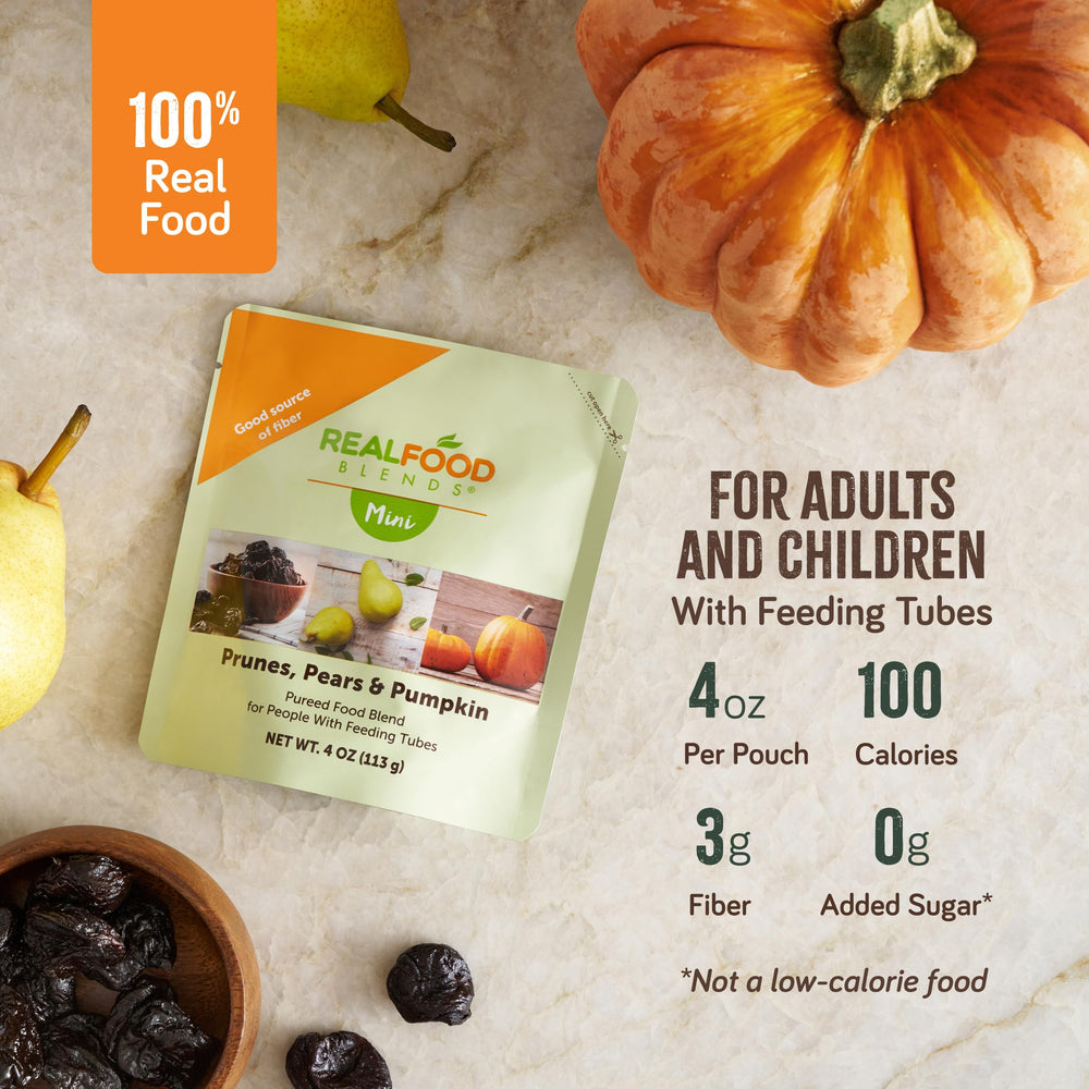 Real Food Blends Mini prunes-pear-pumpkin-ingredients-label features five real foods with no additives.