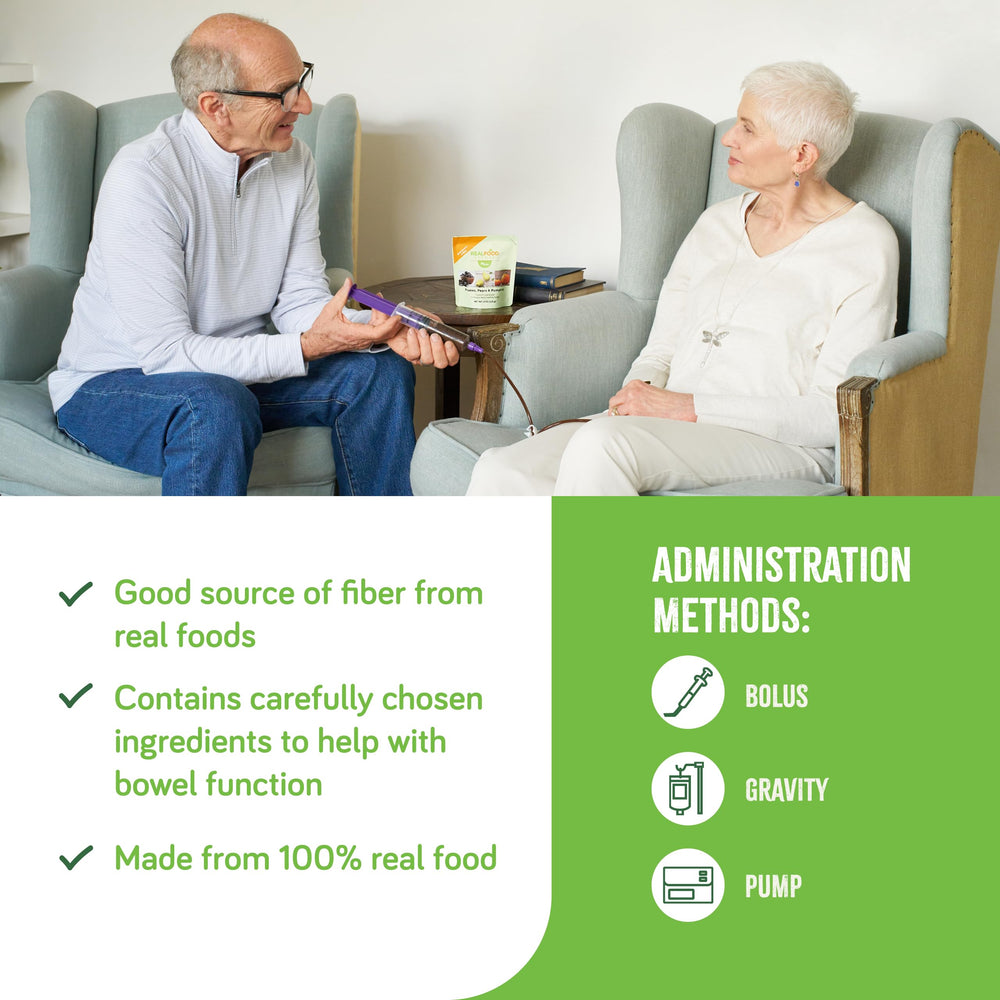 Real Food Blends Mini prunes-pear-pumpkin-nutrition-facts label emphasizes fiber per serving.