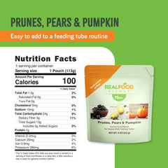 Real Food Blends Mini prunes-pear-pumpkin-puree-closeup highlights smooth texture for easy administration.