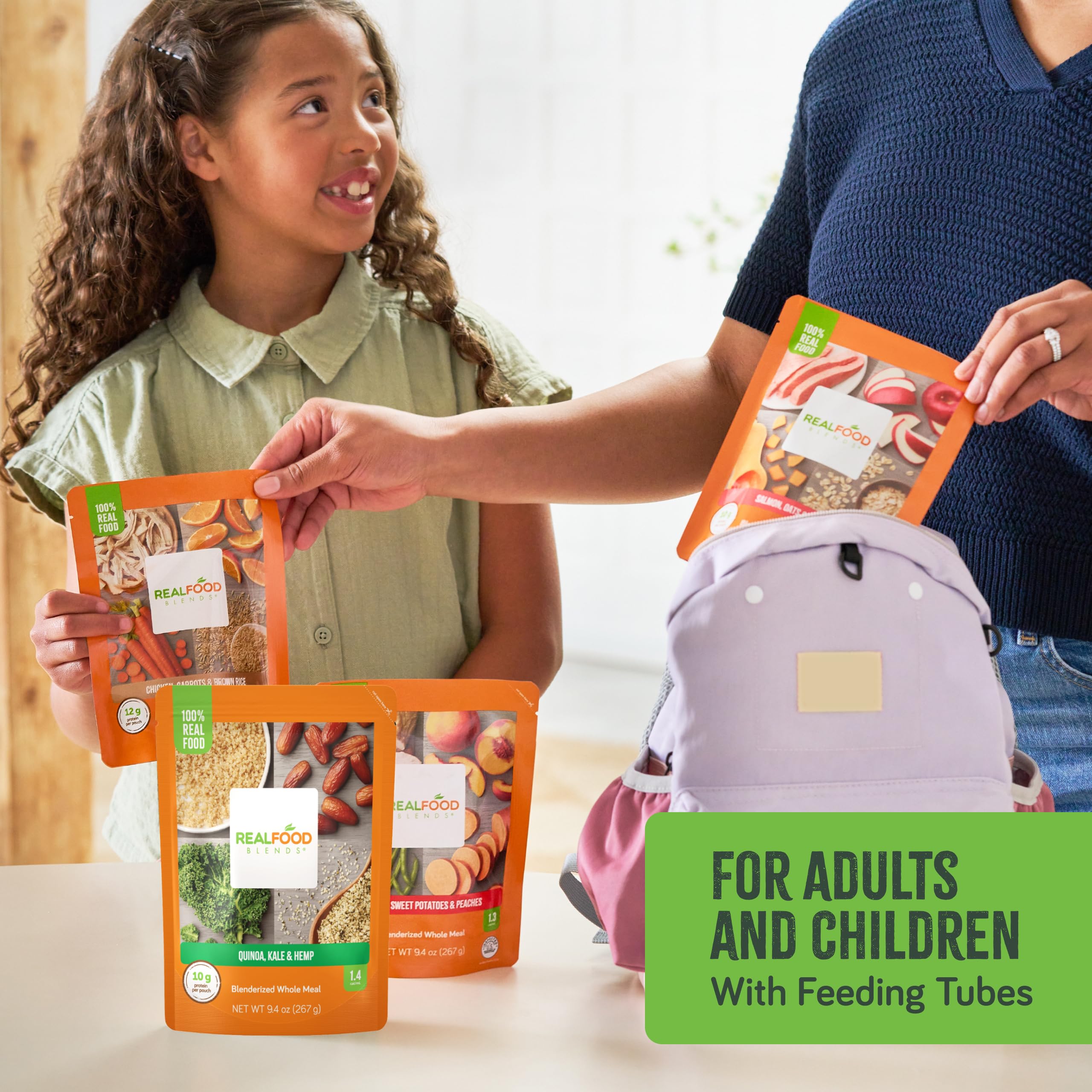 Real Food Blends pureed meals turkey-peach closeup highlights protein-rich tube feeding options.