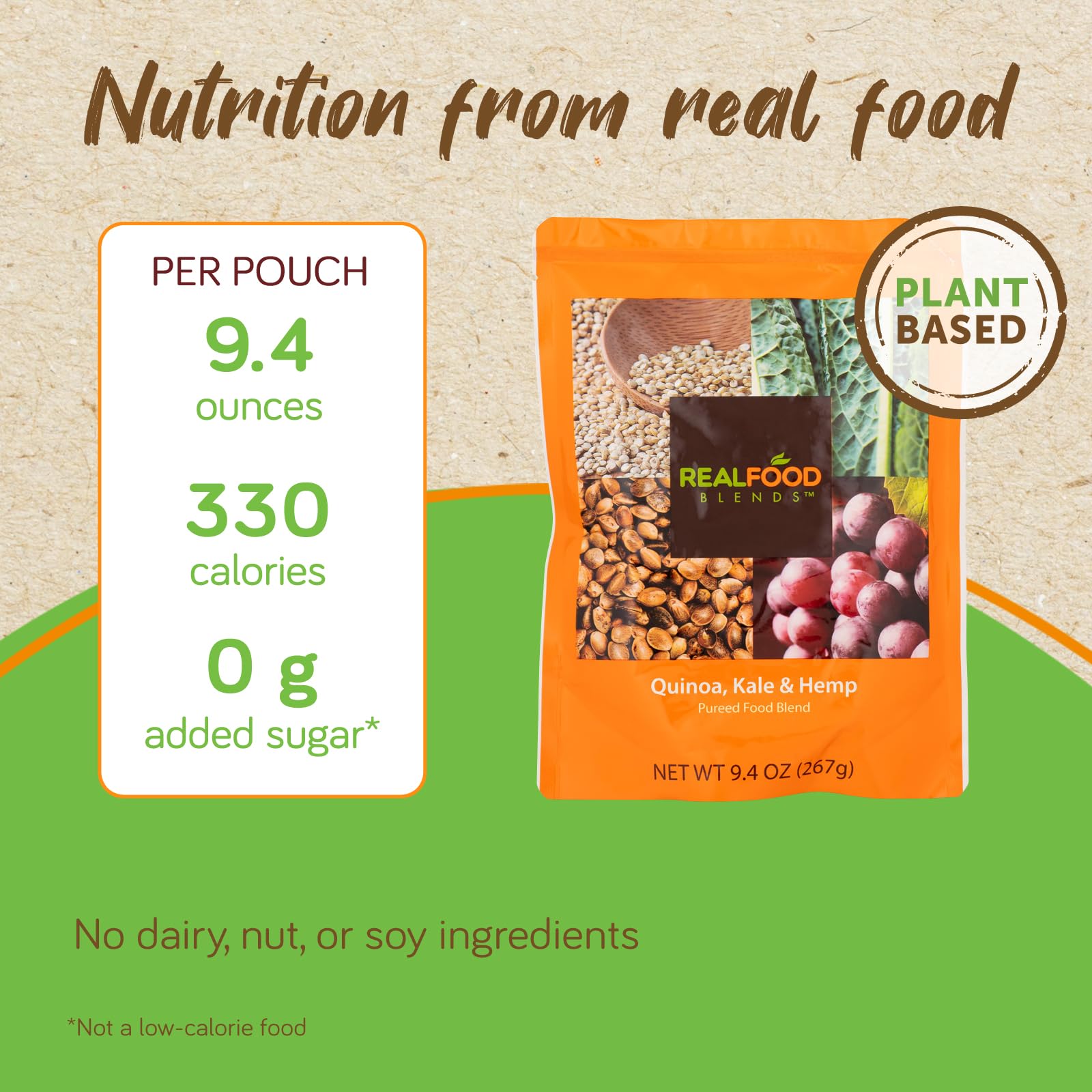 Real Food Blends Quinoa Kale Hemp 12 Fr G-tube compatibility—versatile feeding method.