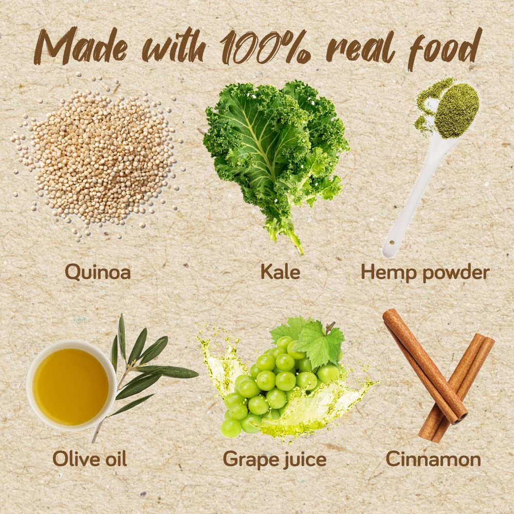 Real Food Blends Quinoa Kale Hemp olive oil and dates—natural flavor boosts.
