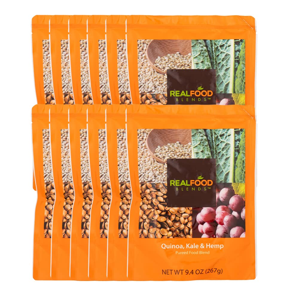 Real Food Blends Quinoa Kale Hemp pack of 12—bulk, shelf-stable meals for tube feeding.
