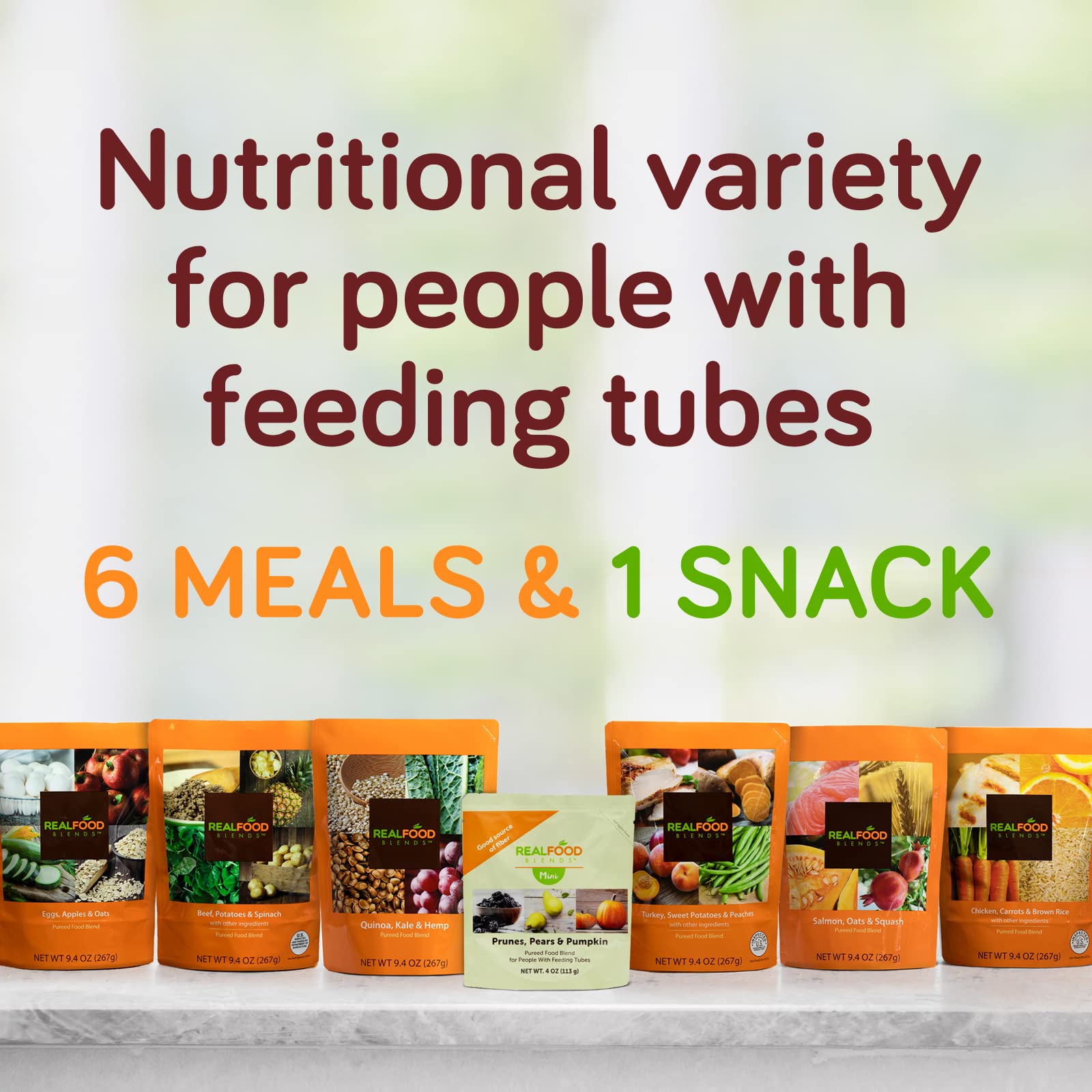 Real Food Blends Quinoa Kale Hemp pack-label close-up—clear nutrition and real-food promise.