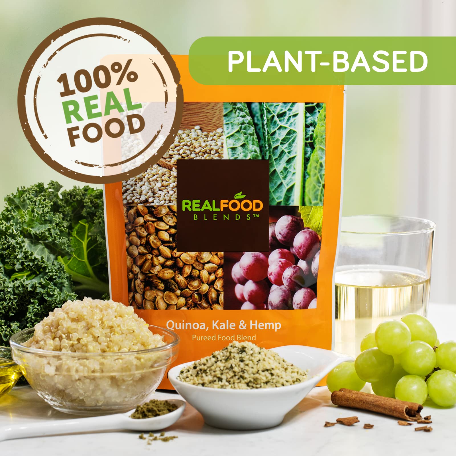 Real Food Blends Quinoa Kale Hemp puree bottle—easy bolus or pump administration.