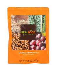 Real Food Blends Quinoa Kale Hemp puree served in bowl—protein-rich meal option.
