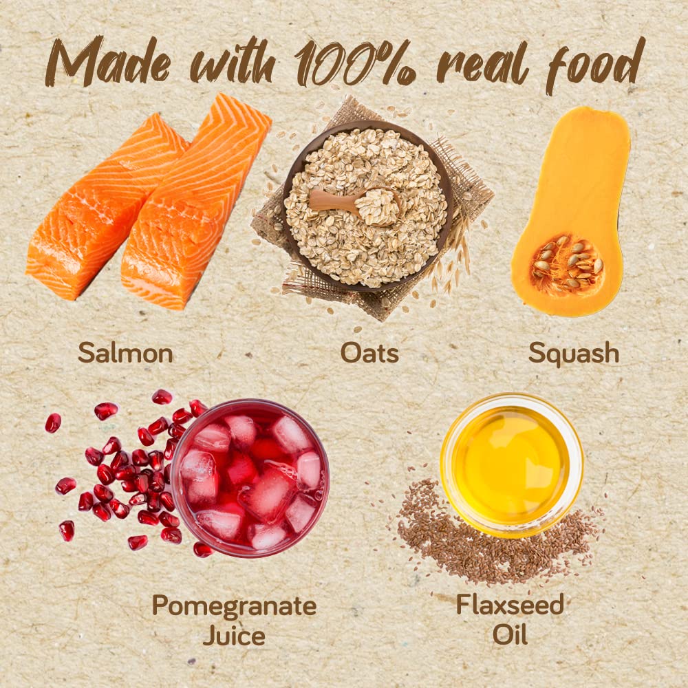 Real Food Blends salmon-oats-squash-puree ingredients—real foods like salmon, oats, squash, and apples.