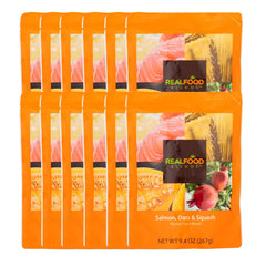 Real Food Blends salmon-oats-squash-puree plate—protein-rich lunch option for blenderized feeding.