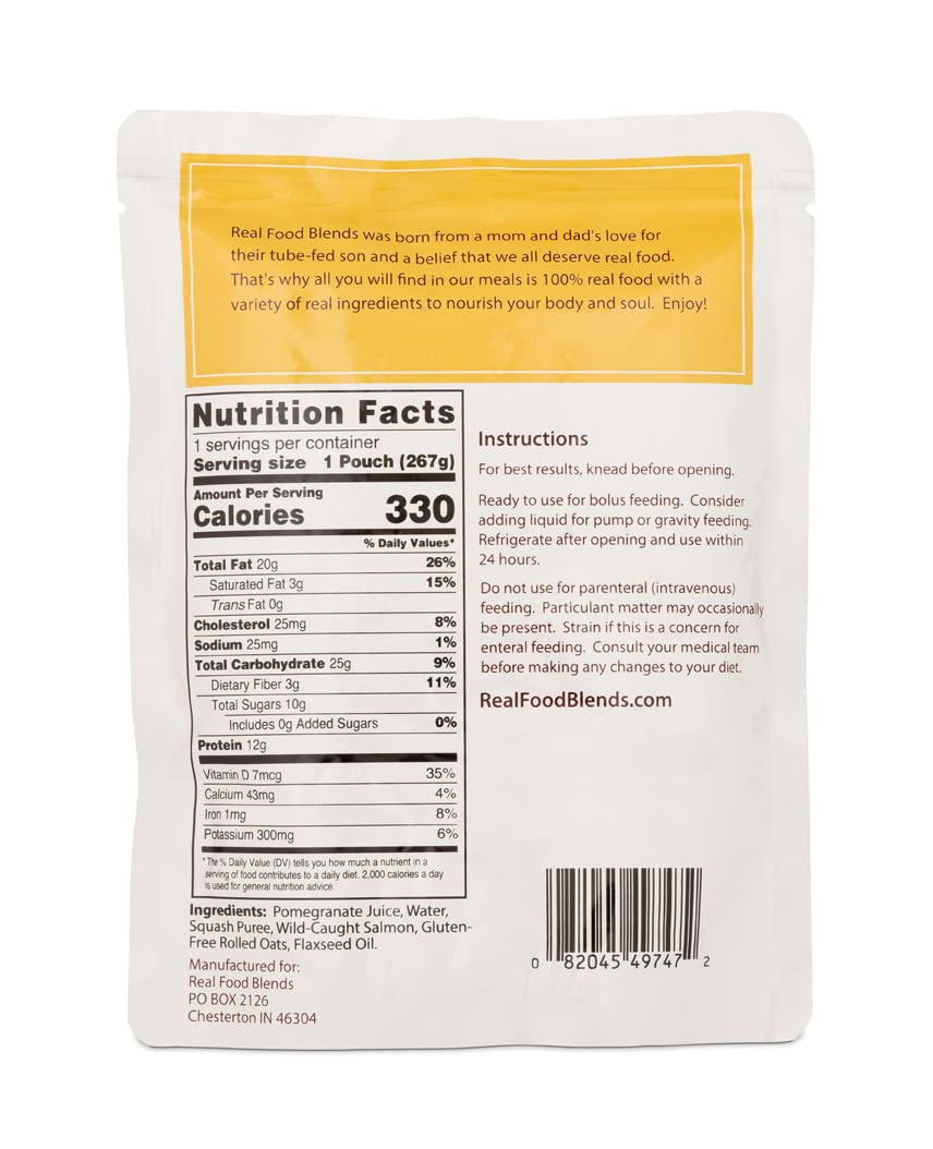 Real Food Blends salmon-oats-squash-puree tube-feeding-setup—easy-to-administer meal between checkups.