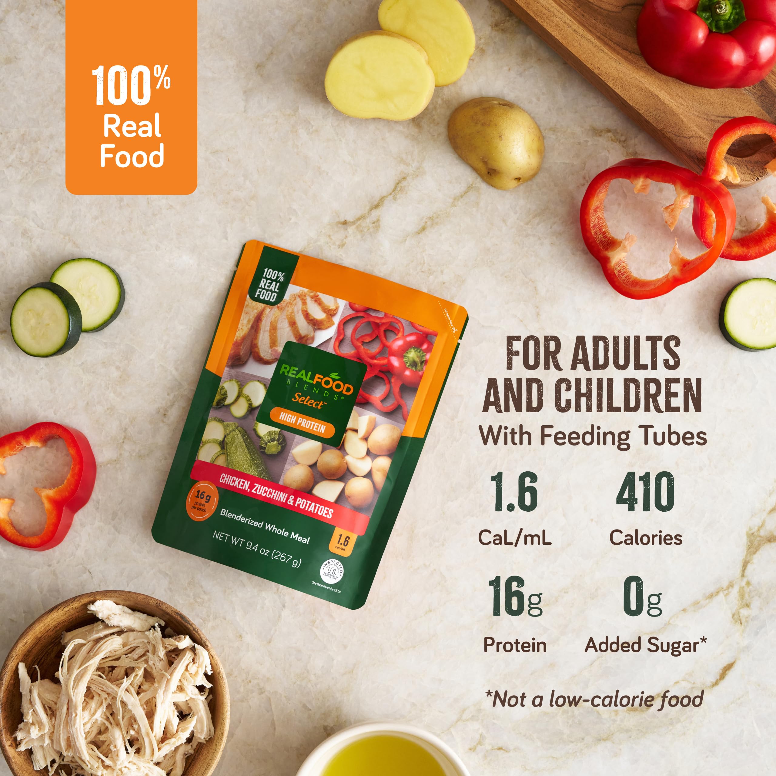 Real Food Blends Select Chicken Zucchini Potatoes nutrition-label closeup, protein-rich blenderized meal option.