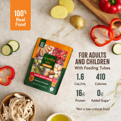 Real Food Blends Select Chicken Zucchini Potatoes nutrition-label closeup, protein-rich blenderized meal option.