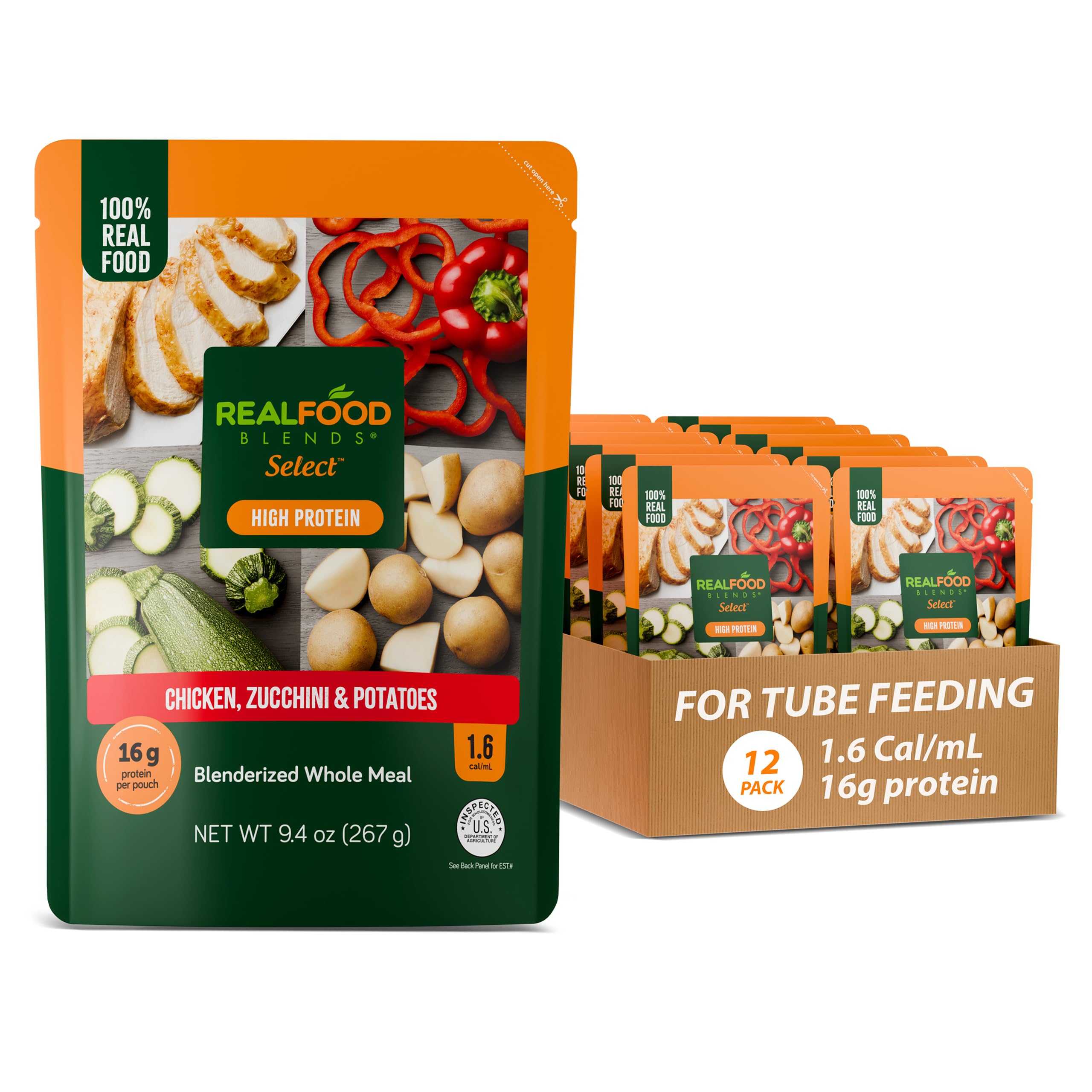 Real Food Blends Select Chicken Zucchini Potatoes pouch pack 12, shelf-stable meal option for tube feeding.