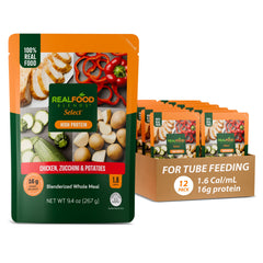 Real Food Blends Select Chicken Zucchini Potatoes pouch pack 12, shelf-stable meal option for tube feeding.