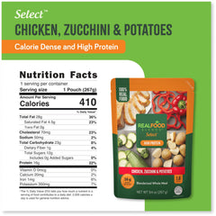 Real Food Blends Select Chicken Zucchini Potatoes pouch-top-open, ready-to-feed puree for easy tube administration.