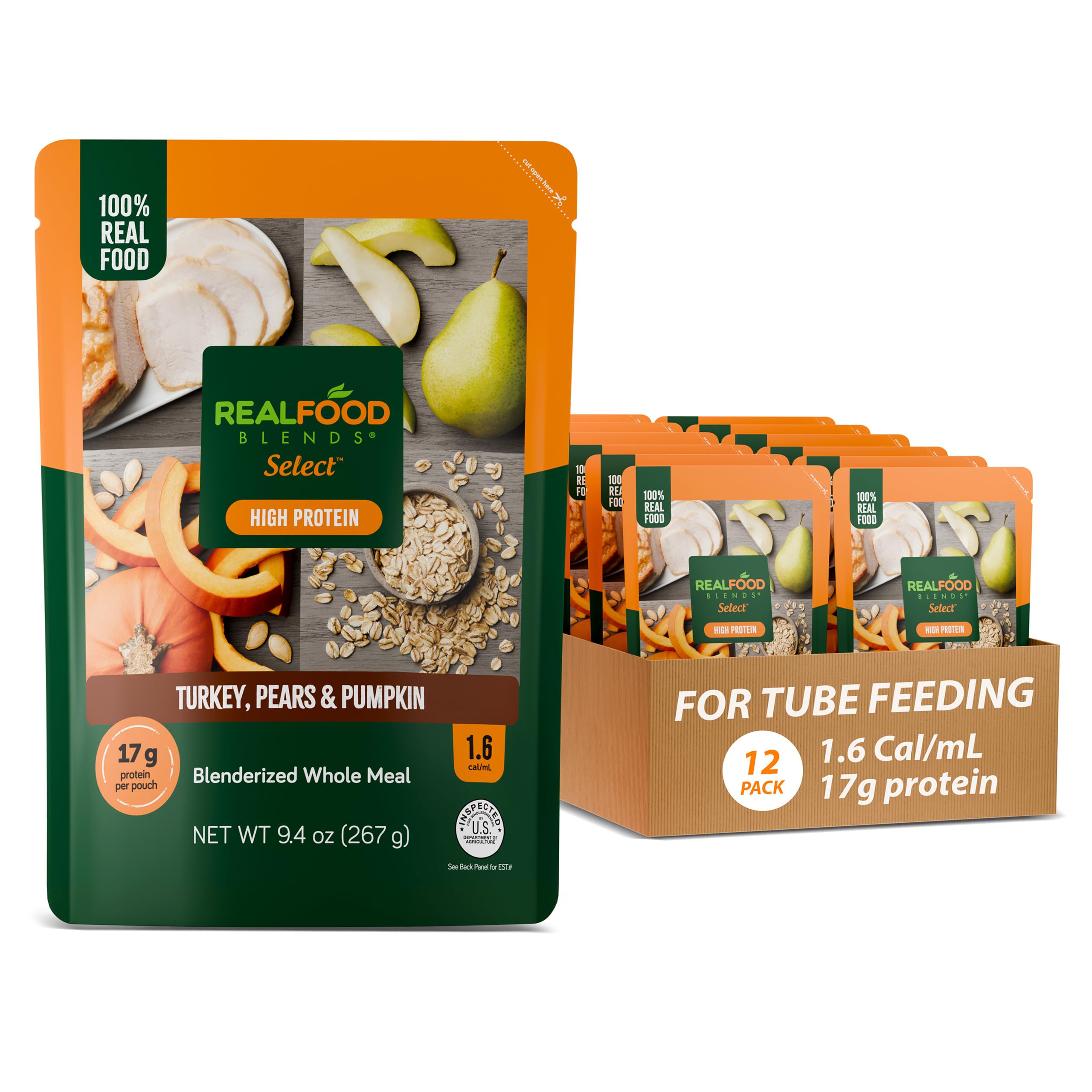 Real Food Blends Select Turkey Pears Pumpkin front pouch shows high-protein feeding option